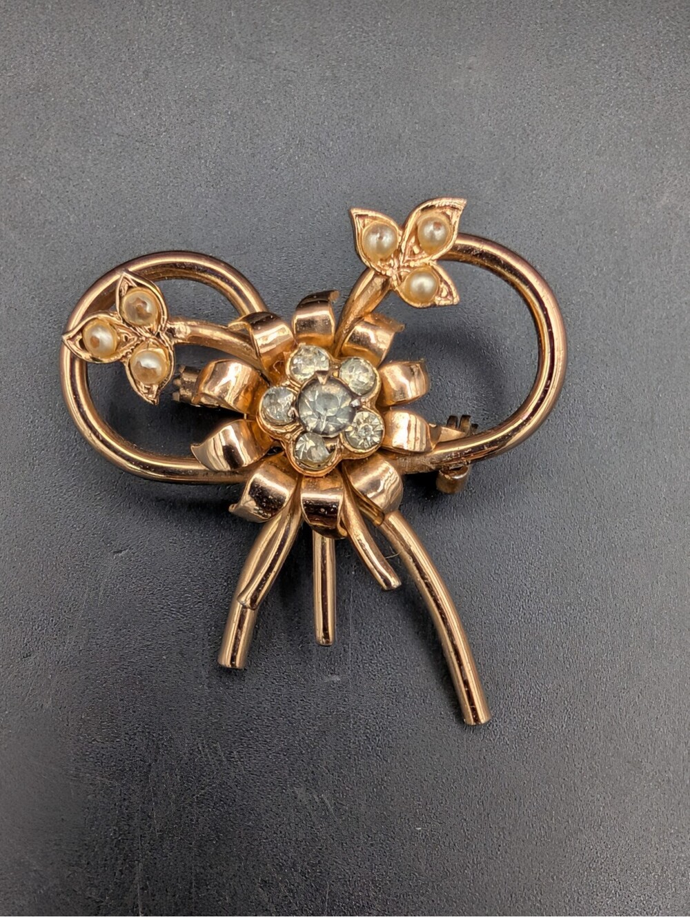 Vintage Coro 1940s Retro Gold Tone Floral Bow Brooch Faux Pearl Rhinestone Pin
